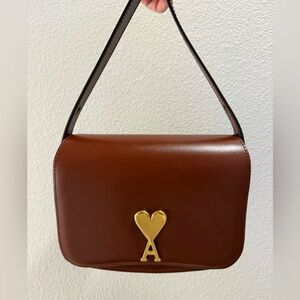 Ami Paris Brown Leather Shoulder Bag with Gold Accent